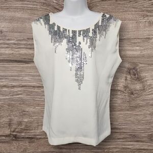 Olive and Oak Cream Color Sleeveless Dressy Top with Silver Sequins Size Small